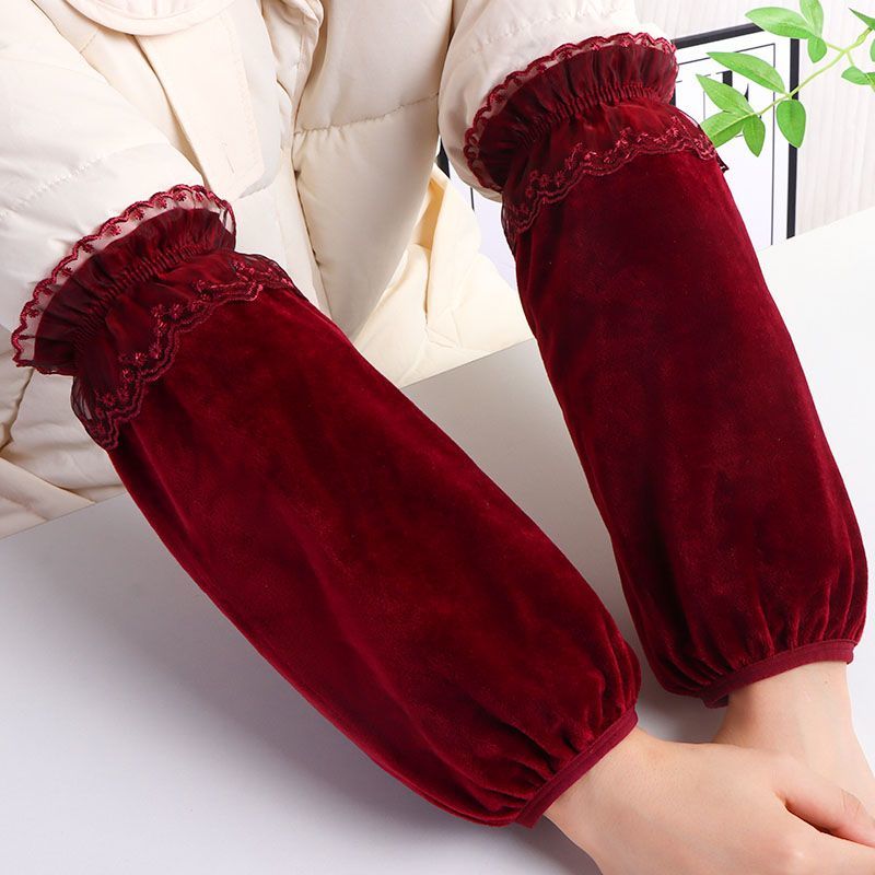 长款袖套秋冬金丝绒上班耐脏成人套袖蕾丝新款办公防污工作套袖J