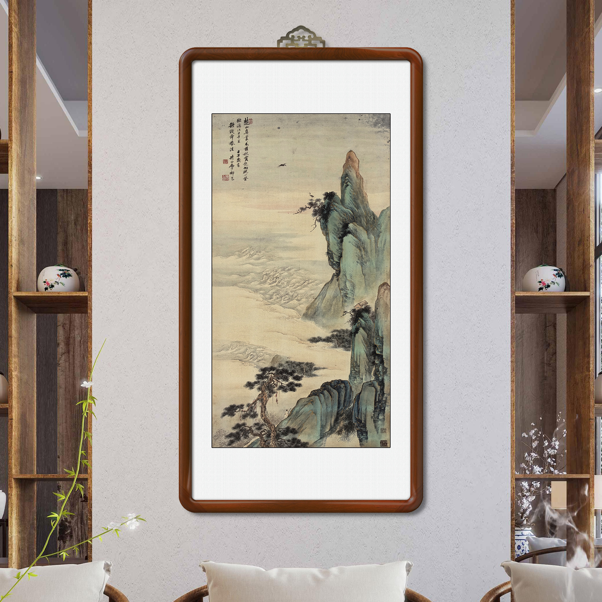 《金碧青绿山水图》125*65竖版复刻版画茶室书房客厅玄关挂画装饰画