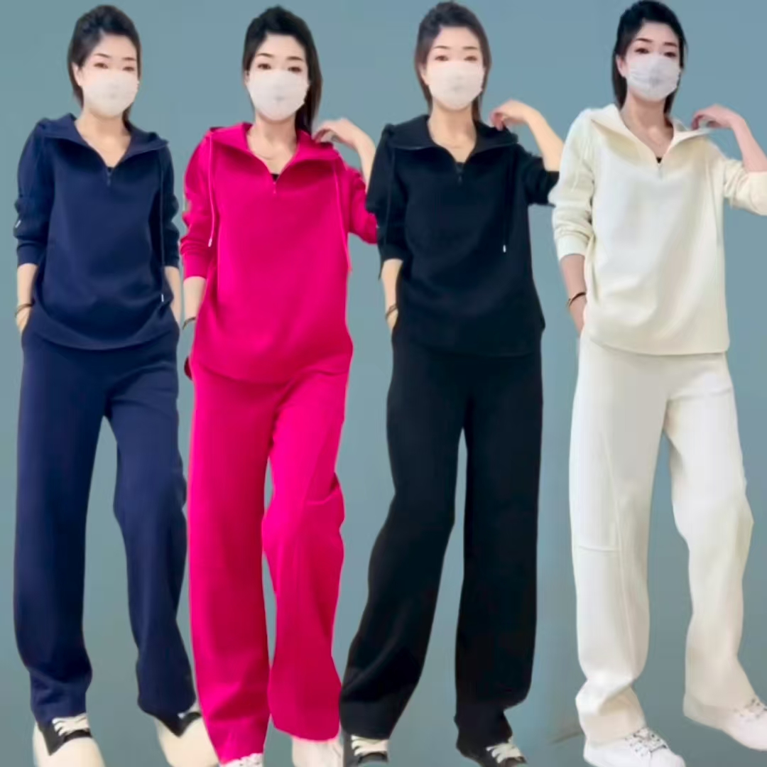时尚减龄休闲女士套装2025秋季新款显瘦连帽上衣宽松百搭阔腿长裤