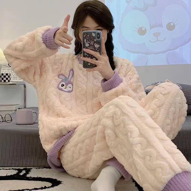 珊瑚绒睡衣女秋冬季大码紫色兔加绒加厚套装法兰绒春秋女款家居服