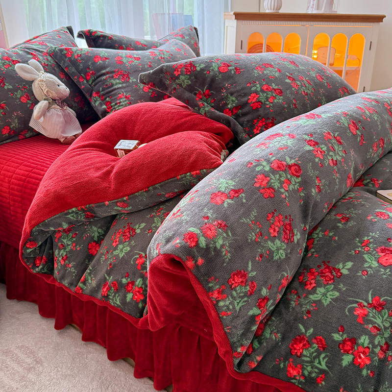 轻奢碎花加厚牛奶绒床盖四件套冬季加厚保暖被套双面绒被罩抗静电