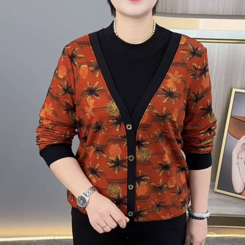 秋冬新款双面绒假两件拼接妈妈装加绒加厚休闲减龄长袖上衣H8816