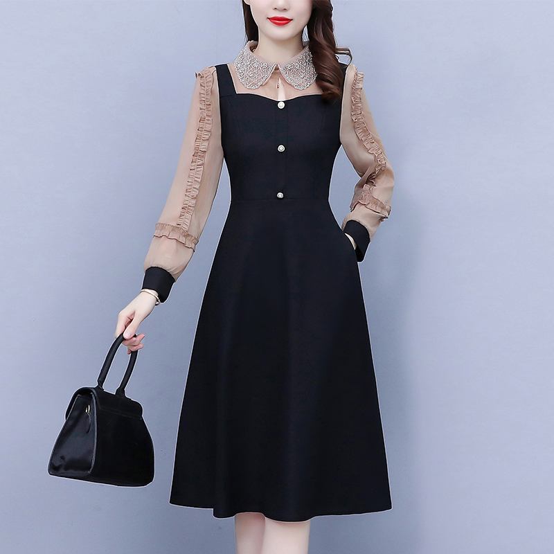 有口袋高端长袖连衣裙春秋新款爆款大码女装雪纺拼接显瘦打底裙子