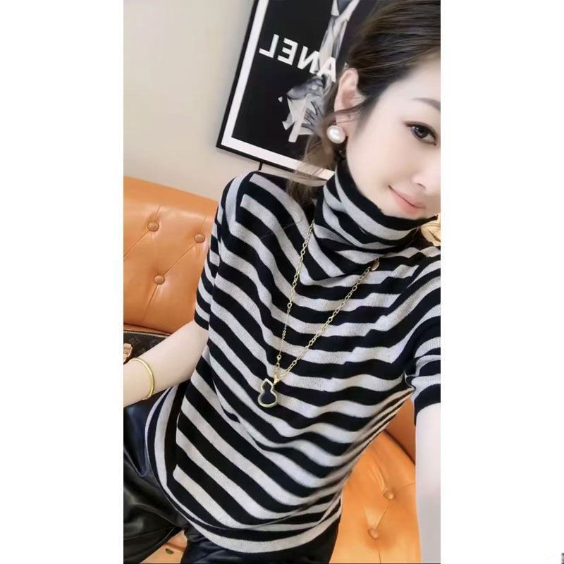 显瘦时尚高领条纹针织衫短袖女早秋2025新款欧货撞色别致小众毛衣