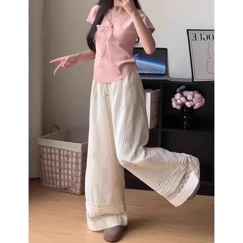 设计感褶皱中国风~蕾丝休闲裤中式女装休闲阔腿裤夏季镂空长裤