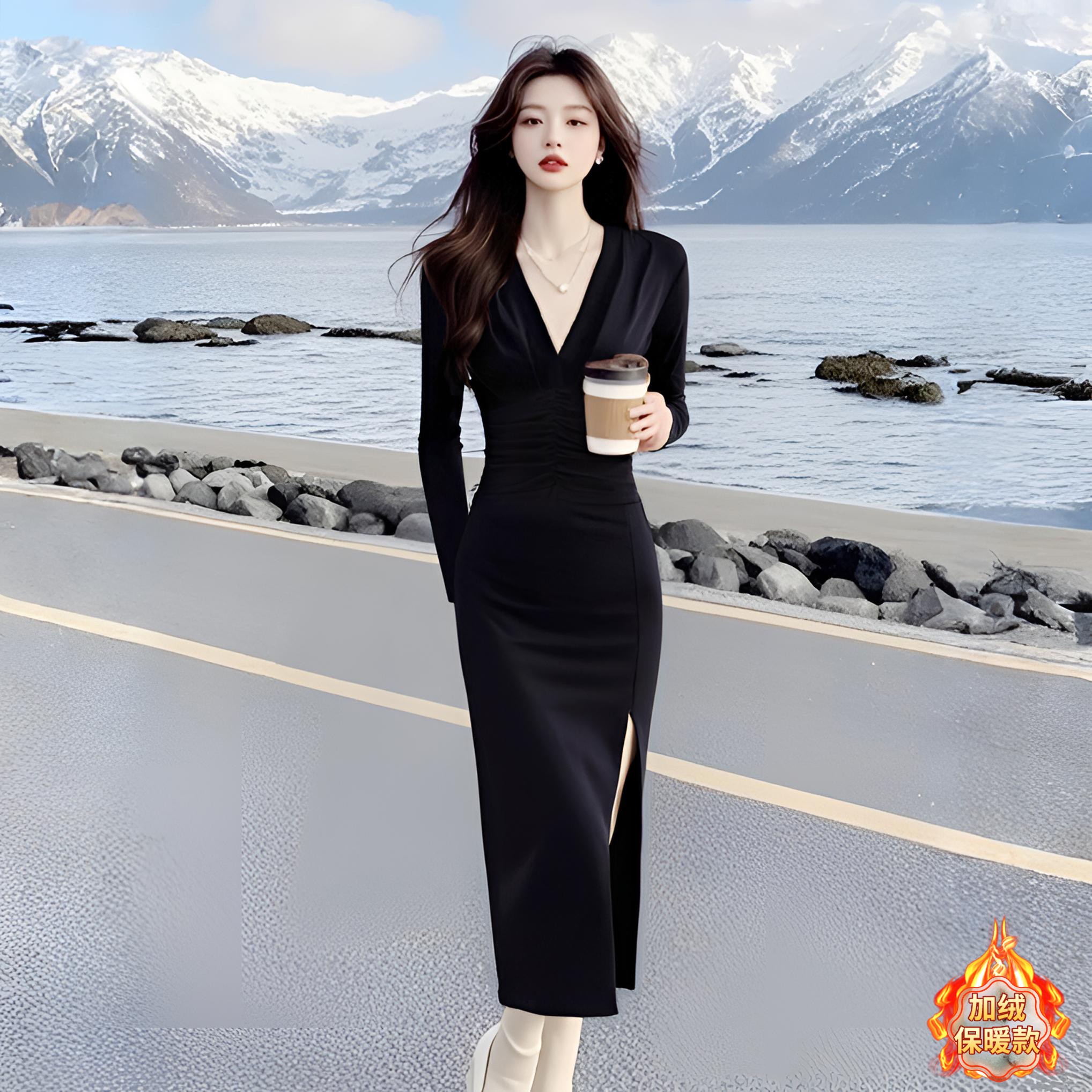 法式气质v领长袖连衣裙赫本风小黑裙高级感收腰裙子显瘦开叉长裙