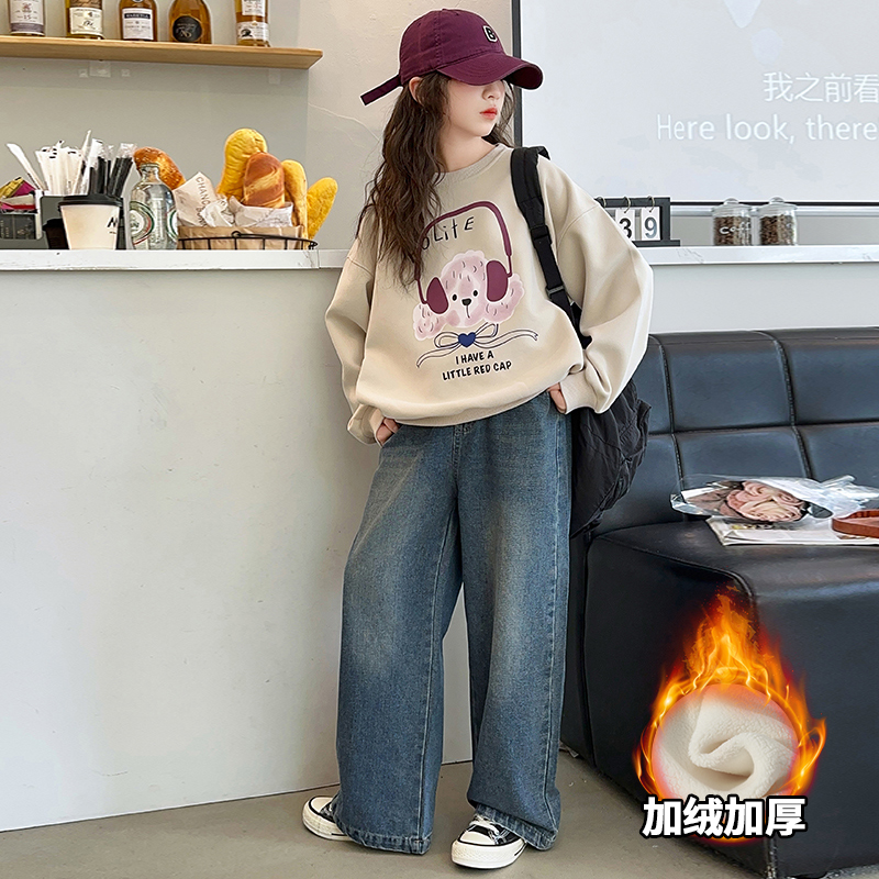 女大童秋冬装加绒卫衣洋气上衣青少年初高中生炸街套头打底衫内搭