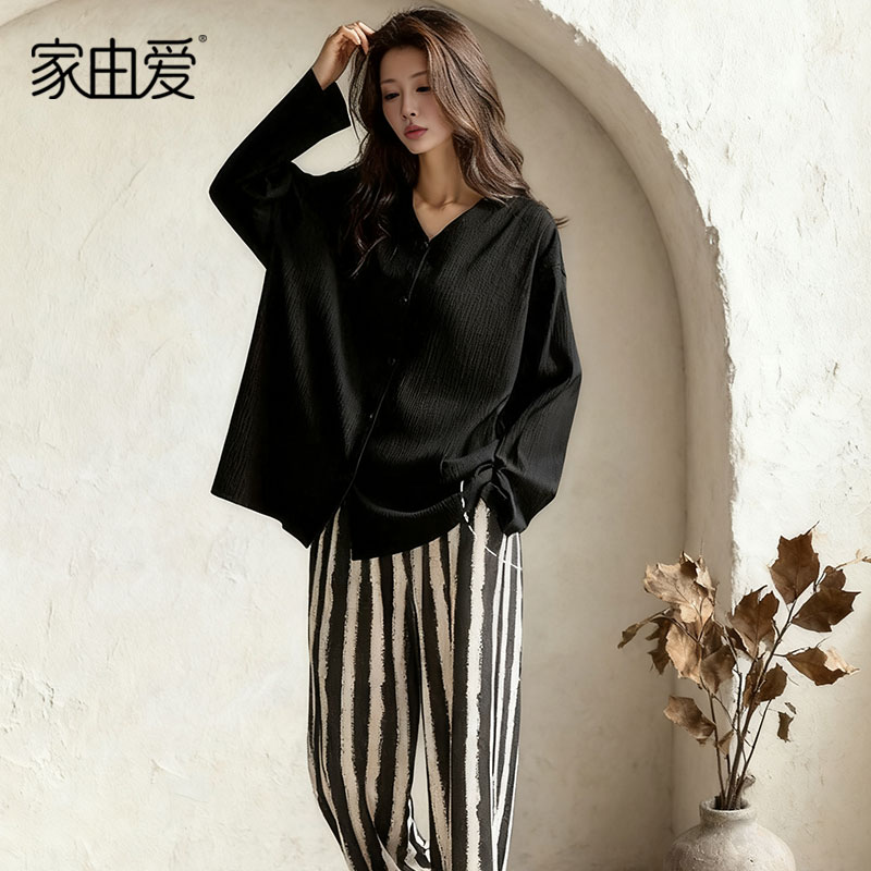 高级感睡衣女士春秋款长袖长裤家居服显瘦黑色休闲可外穿舒适套装
