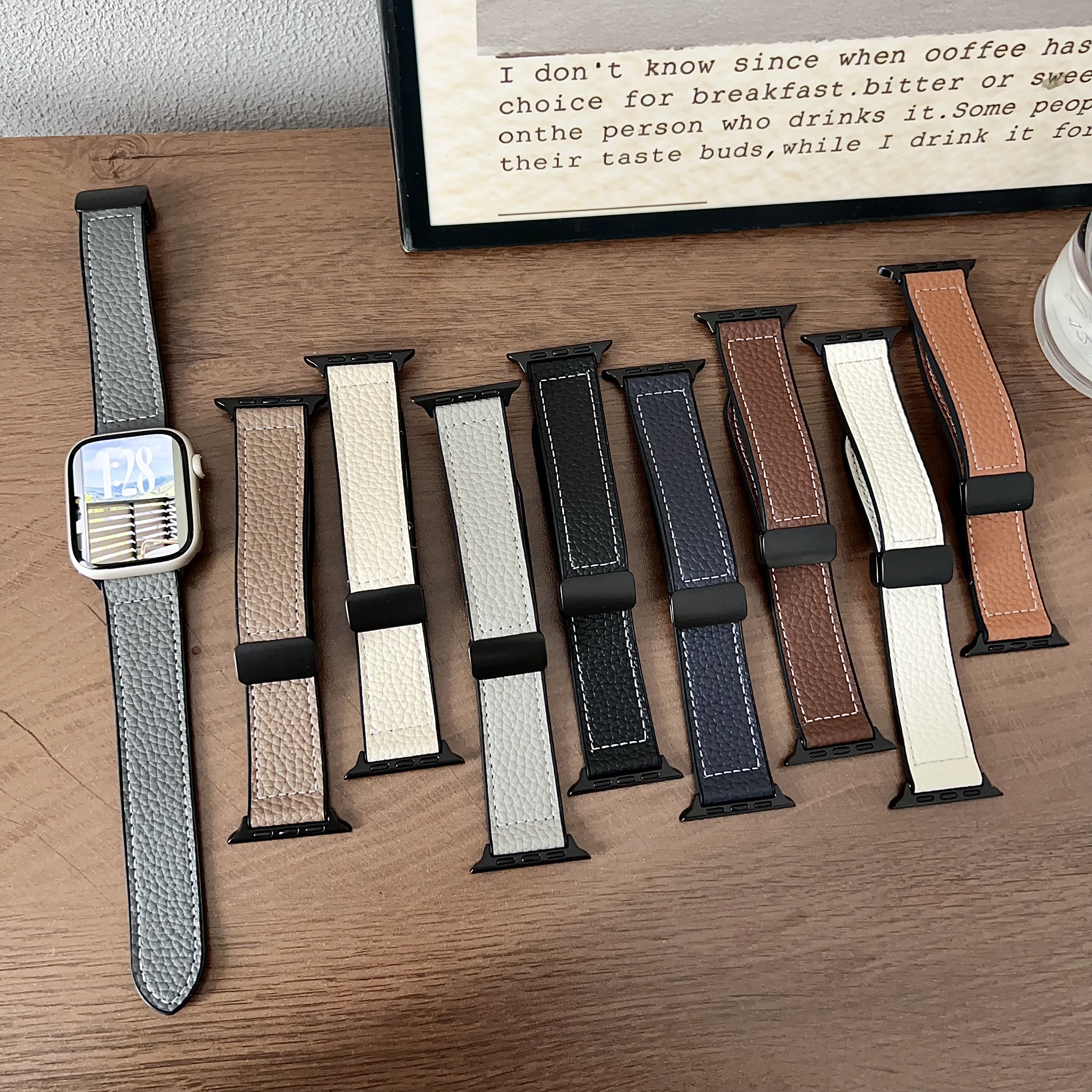 适用苹果手表AppleWatch磁吸荔枝纹皮革表带iWatchs11/Ultra3商务