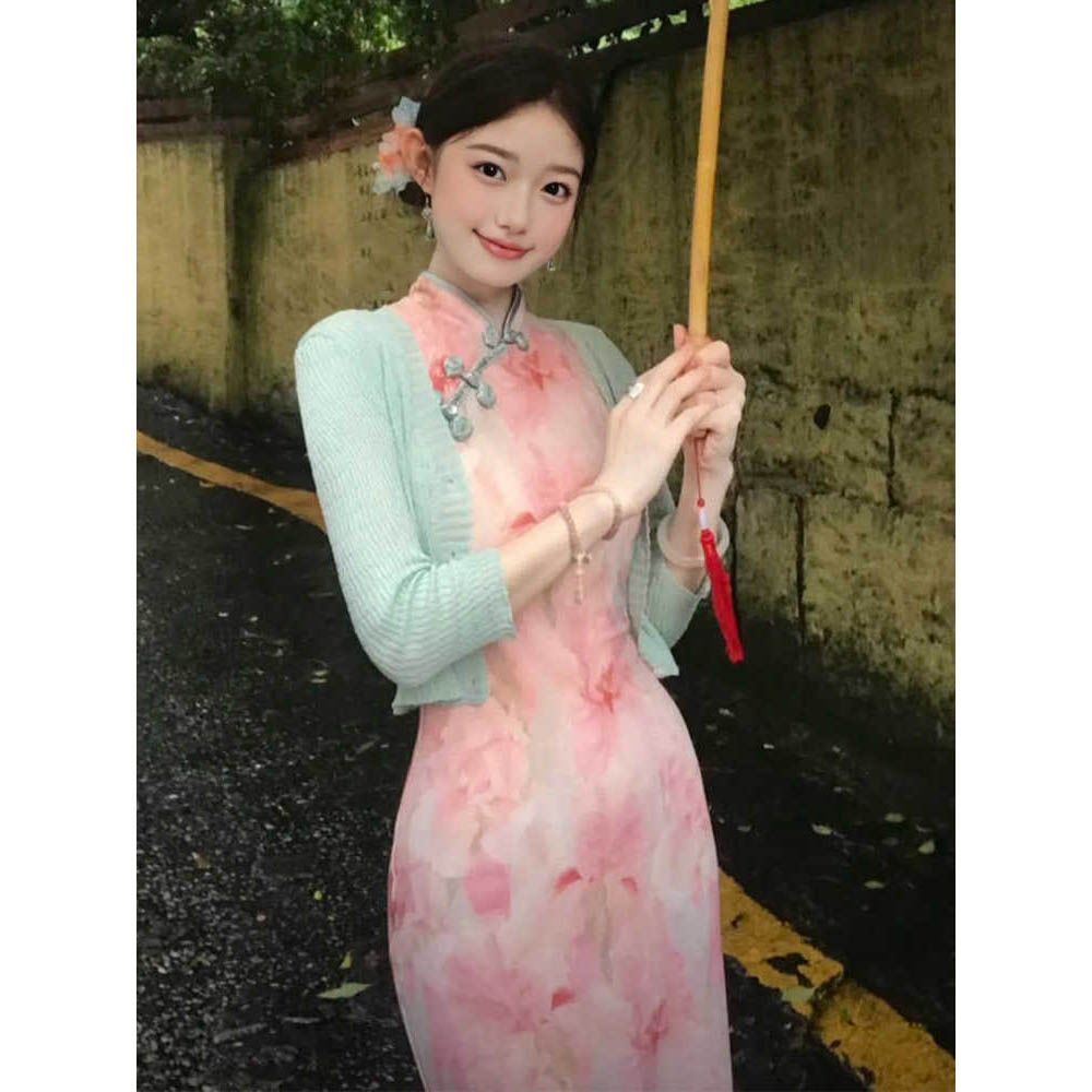 国风新中式独特漂亮晕染碎花连衣裙温柔气质高级感掐腰改良旗袍裙