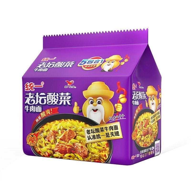 「统一」老坛酸菜牛肉面 5袋/组酸爽辣冲泡方便面