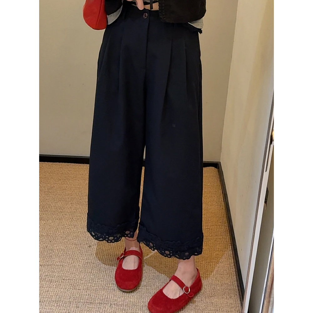 设计感花边拼接直筒阔腿裤今年流行的初秋新款藏蓝色气质休闲裤子