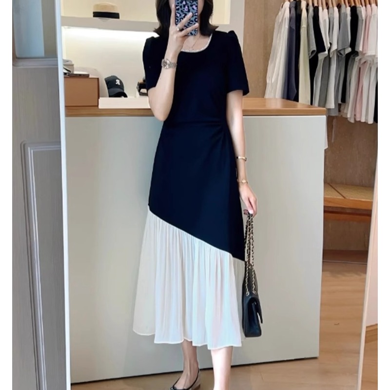 2025年夏季新款拼接设计感简约中长款裙子垂感显瘦气质通勤A字裙