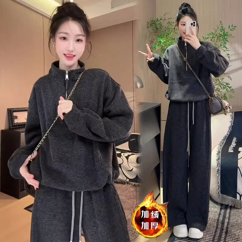 加绒加厚时尚运动套装女2025冬季洋气显瘦马甲卫衣阔腿裤两件套潮