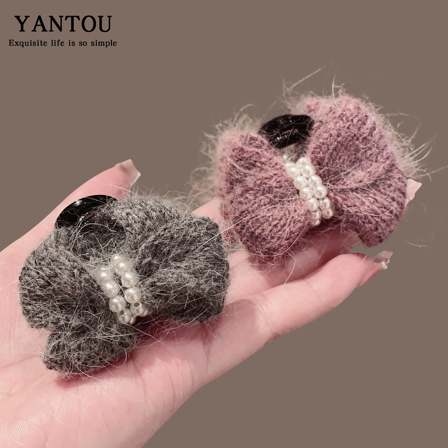 韩国甜美毛线蝴蝶结小抓夹气质珍珠丸子头扎发夹后脑勺半扎发头饰