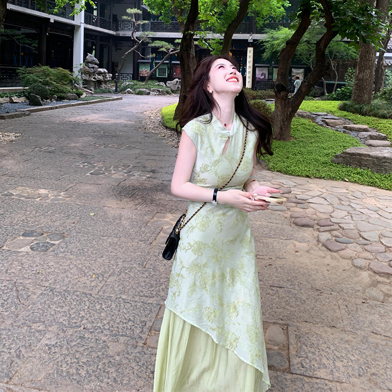 新中式国风改良旗袍连衣裙女夏季新款高级感复古假两件气质长裙子