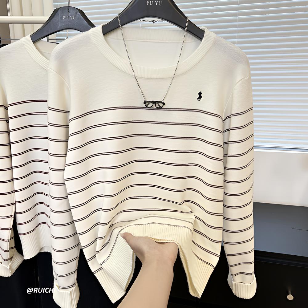 2025秋季韩版圆领条纹小马刺绣休闲宽松高级洋气显瘦针织衫上衣女