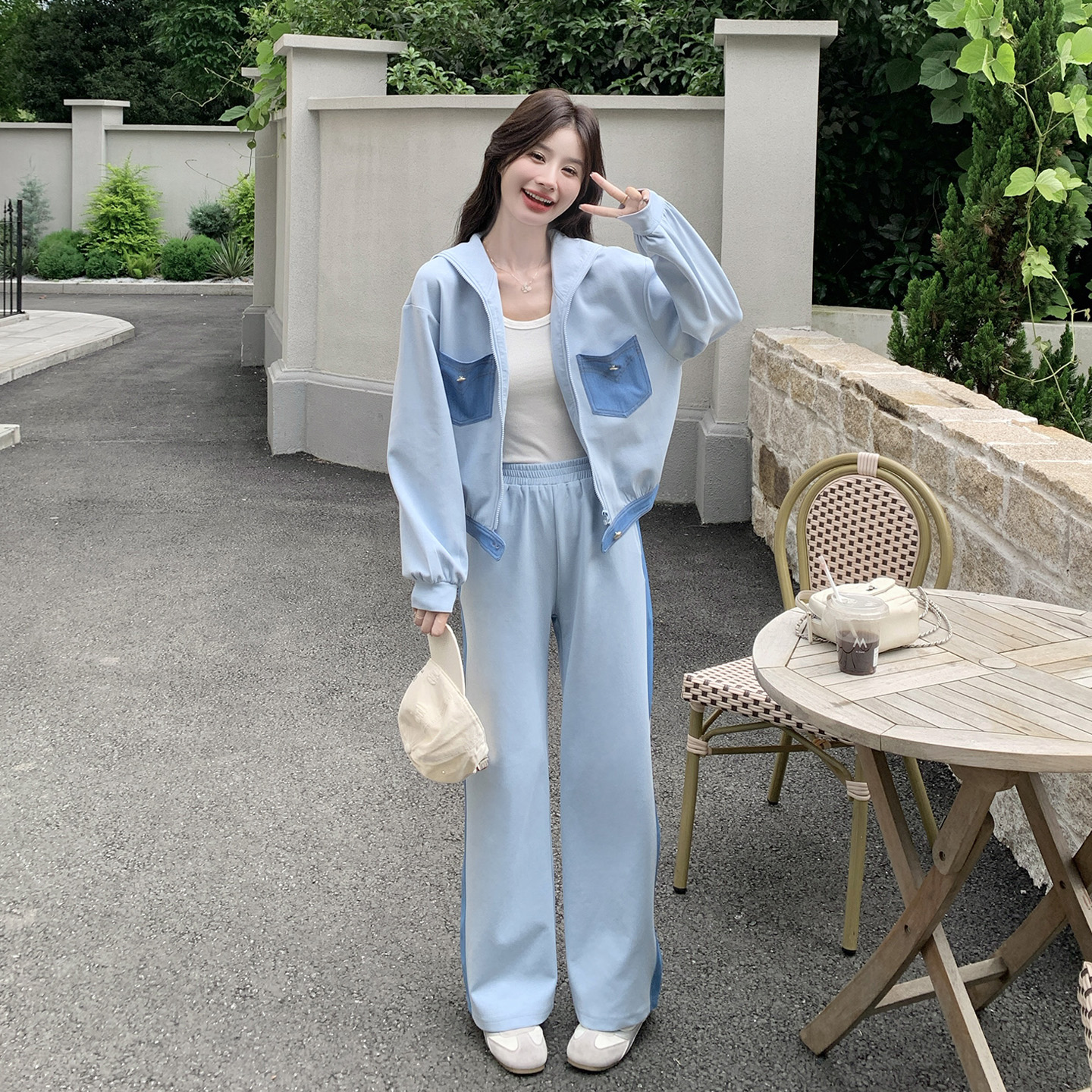 韩系学院风休闲运动套装女2025秋季新款连帽开衫卫衣裤气质两件套