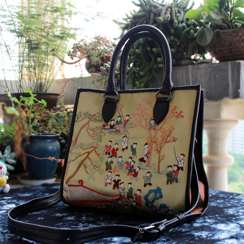 复古国风老绣手工刺绣百子图包斜挎手提女包民族文化创意头层牛皮
