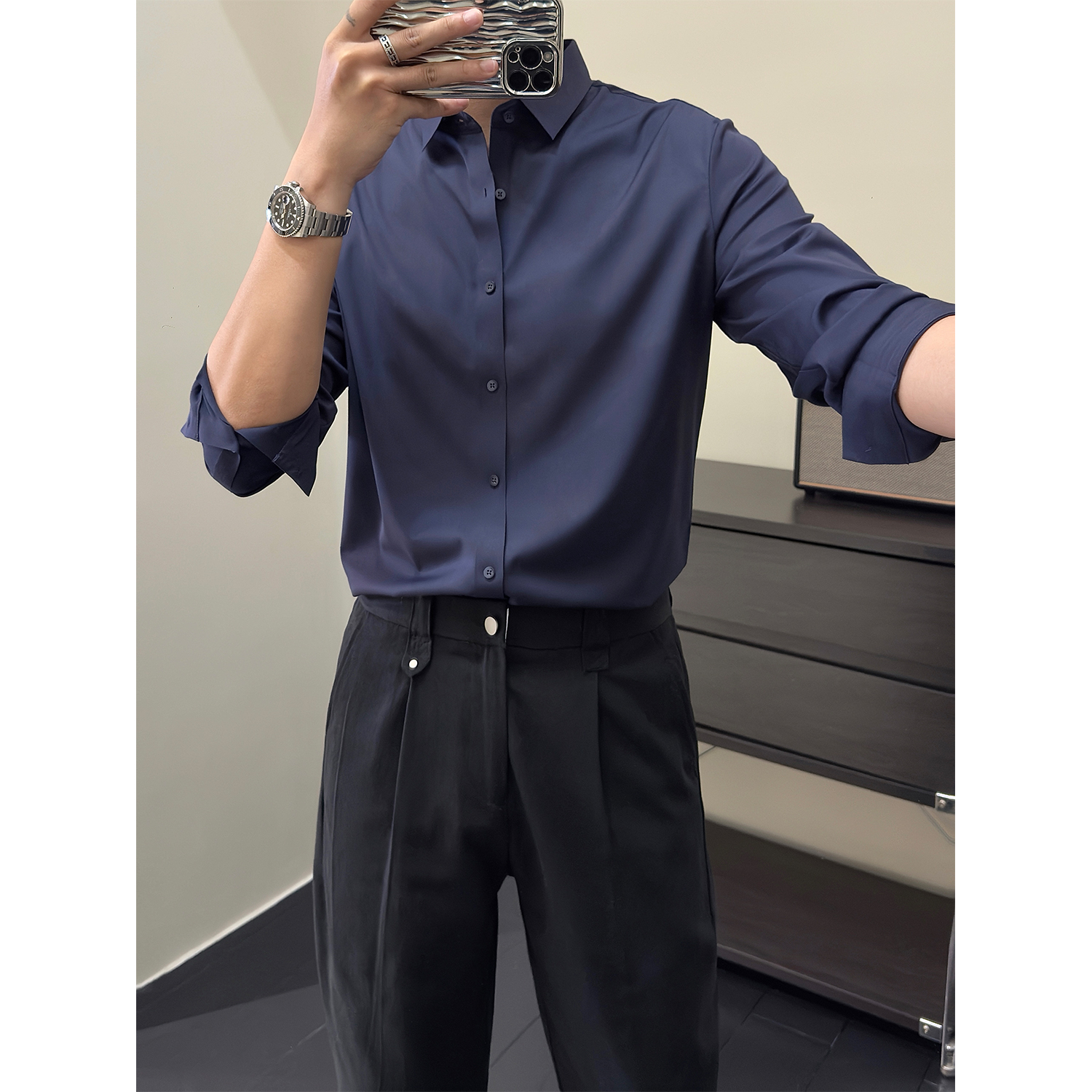 里奈男装秋季新款无痕免烫抗皱高端商务男士衬衫通勤长袖成熟衬衣