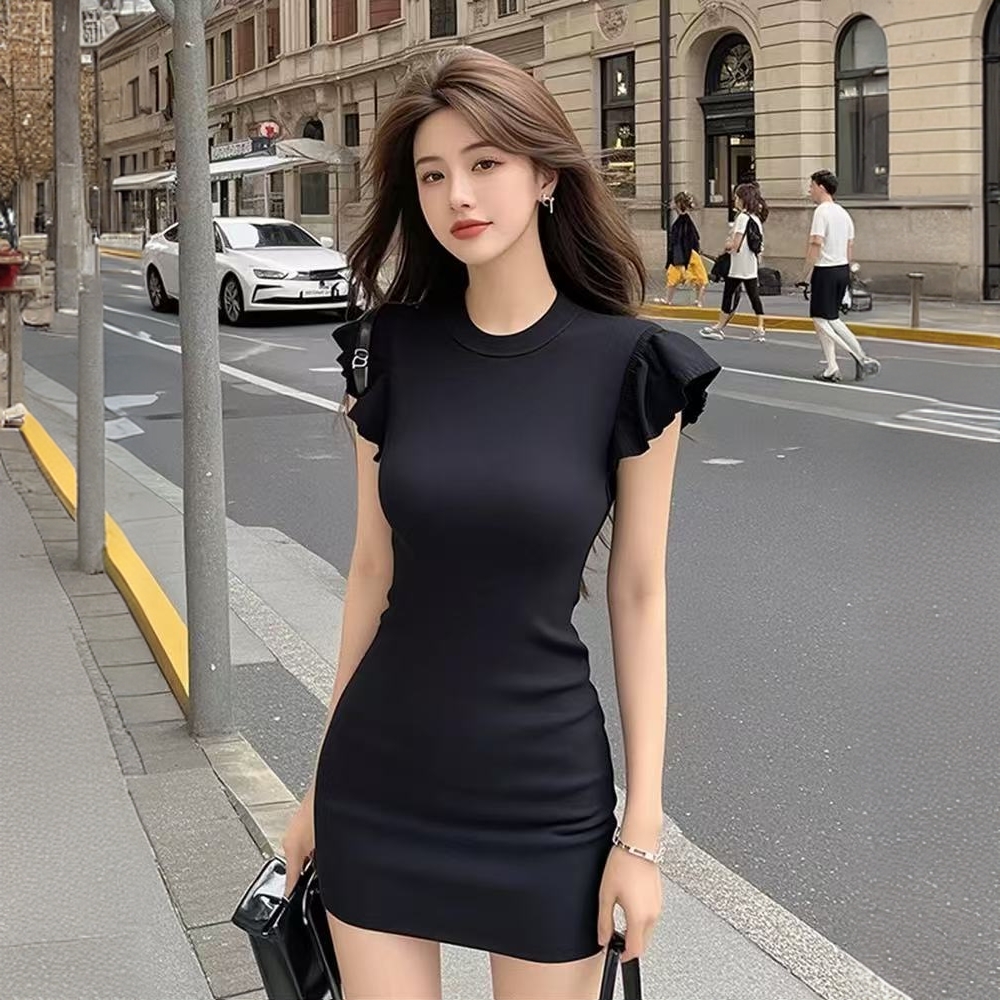 黑色圆领连衣裙女夏季收腰高级感精致时尚轻奢辣妹御姐包臀短裙子