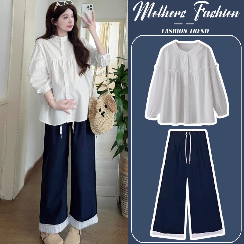 孕妇套装春夏2025新款宽松休闲遮肚百搭立领娃娃衬衫阔腿裤两件套