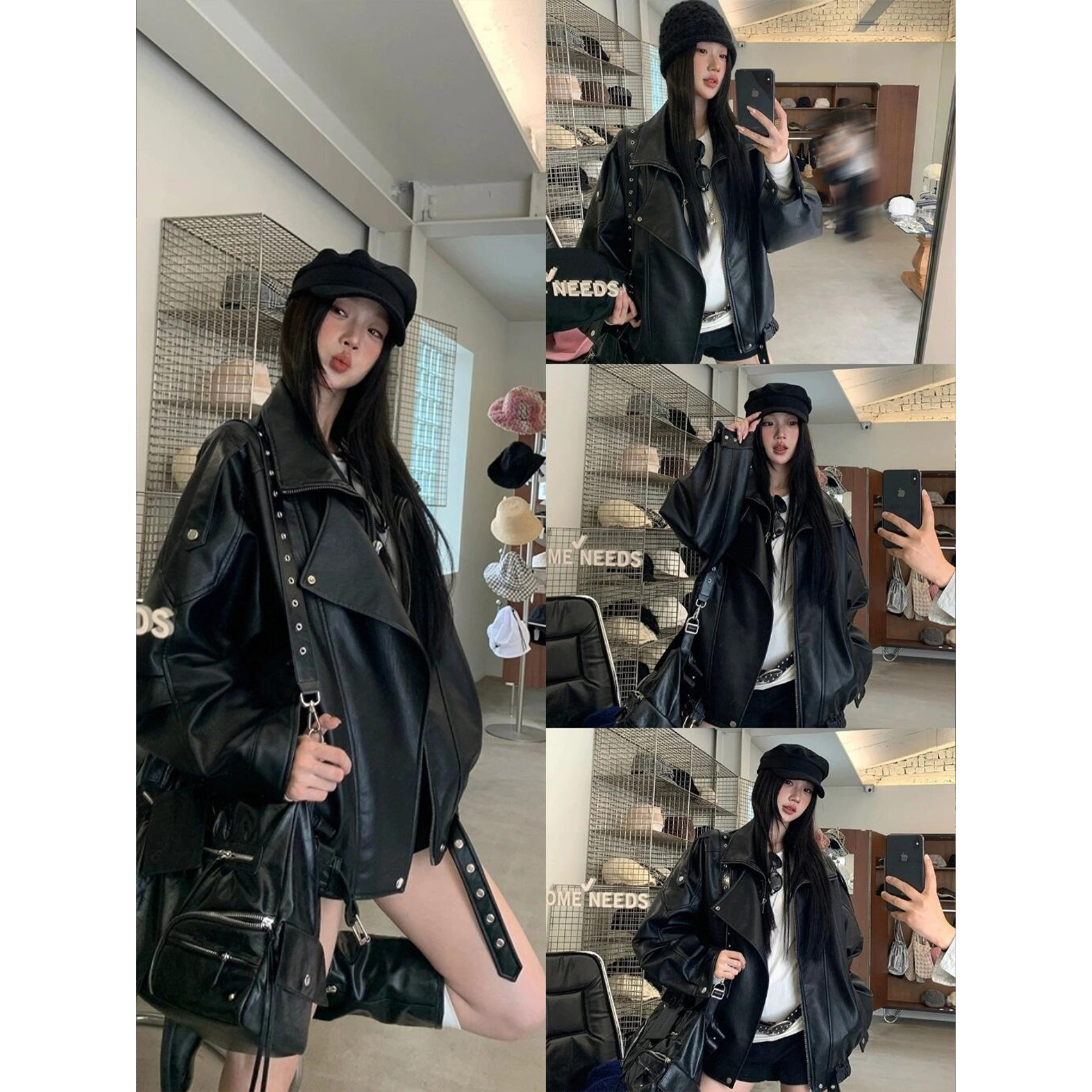 美式复古黑色pu皮衣外套女秋季高级感宽松拉链立领机车服夹克上衣