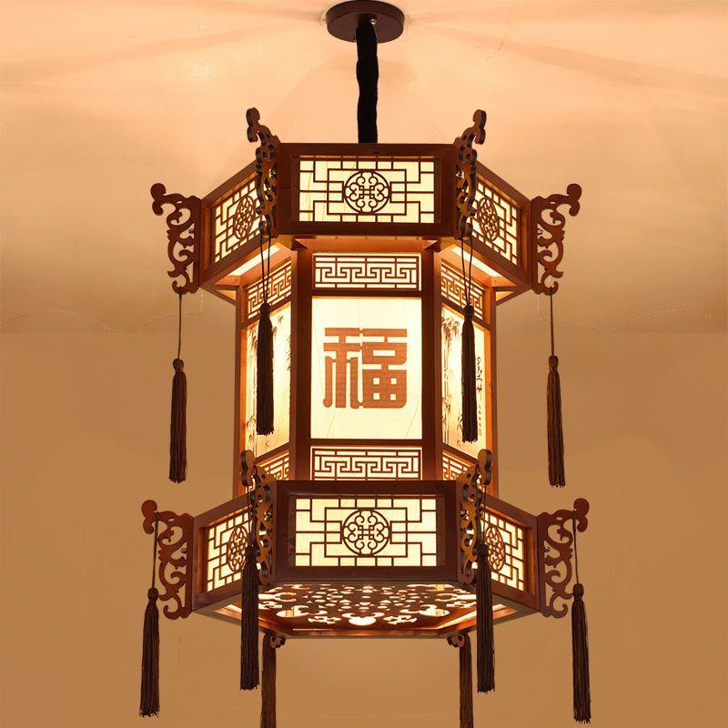 中式复古实木仿古宫灯羊皮宫廷吊灯建筑酒店寺庙长廊亭子六角灯笼