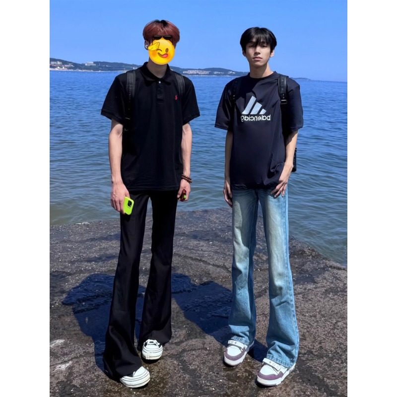 美式高街vibe裤子男秋季cleanfit浅蓝色牛仔裤修身直筒弯刀微喇裤