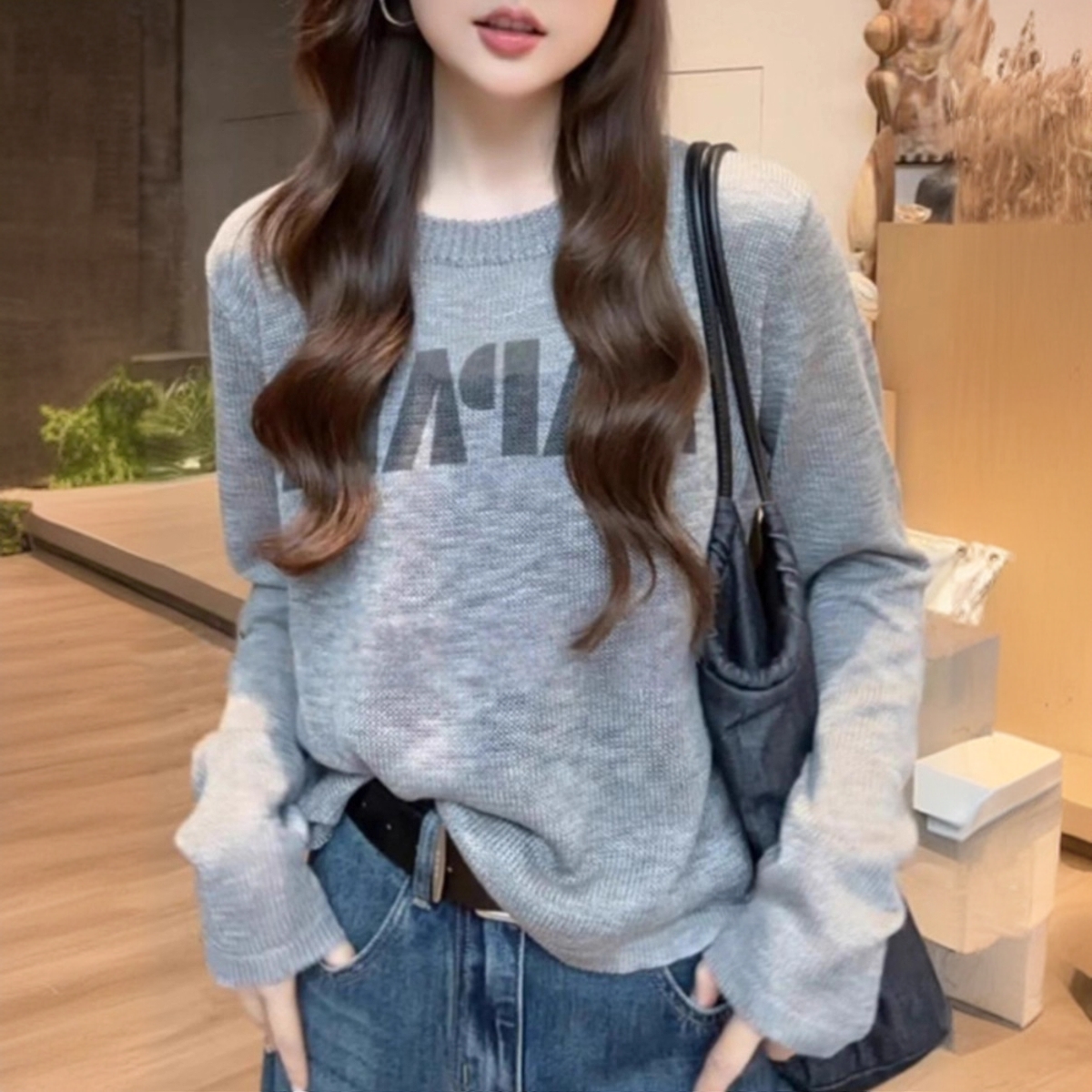 韩版提花字母长袖针织衫女2025秋季新款慵懒风百搭套头毛衣上衣潮