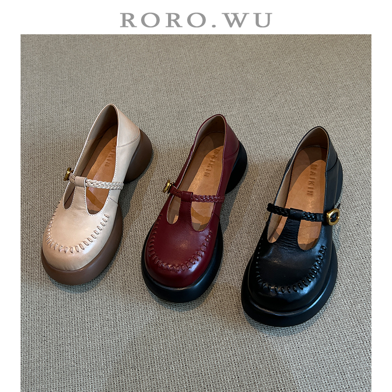 娆娆吴·牛皮厚底减龄甜美丁字扣小个子百搭日常时尚增高单鞋A123