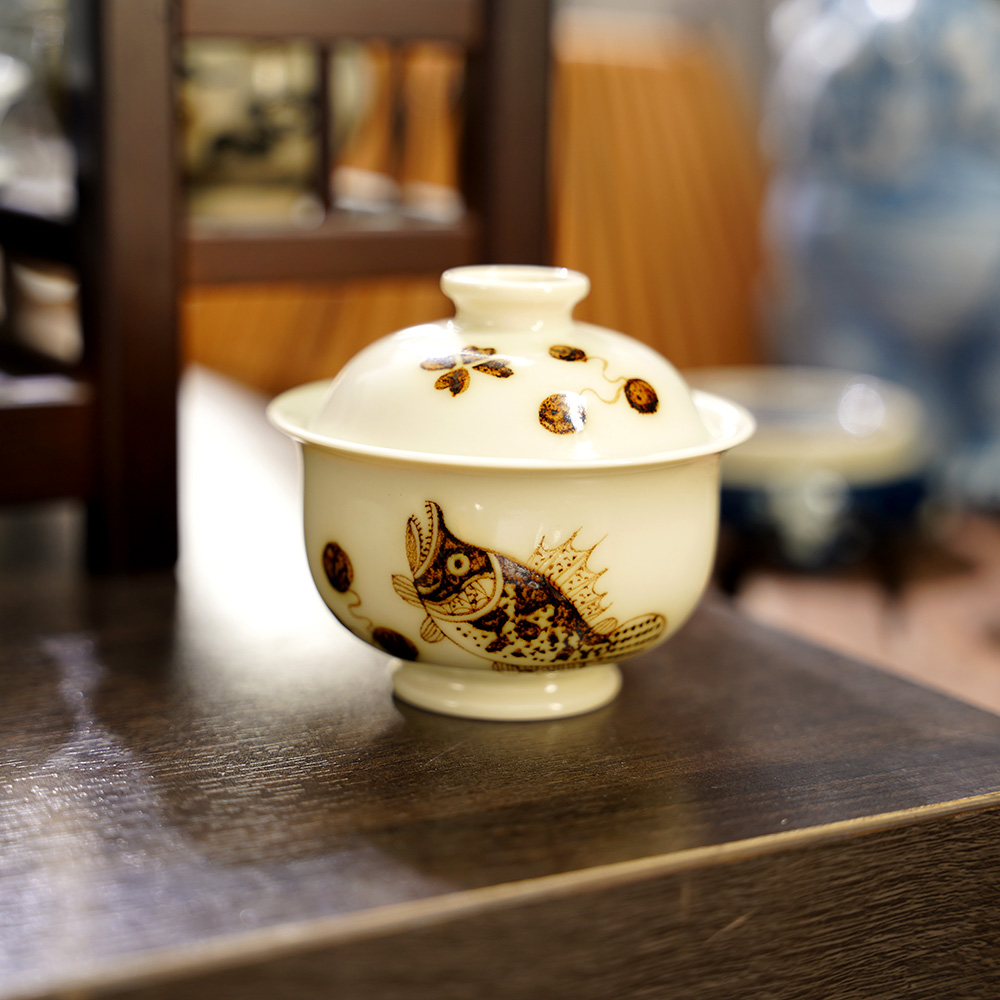 JM021景墨春风一柴窑手工手绘2号釉鱼藻釉里金布袋盖碗-110毫升