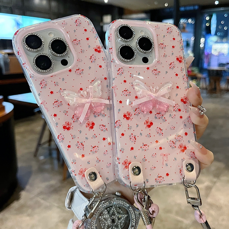 适用苹果系列iPhone16新款手机壳千金风樱桃玫瑰半包防摔大孔挂绳