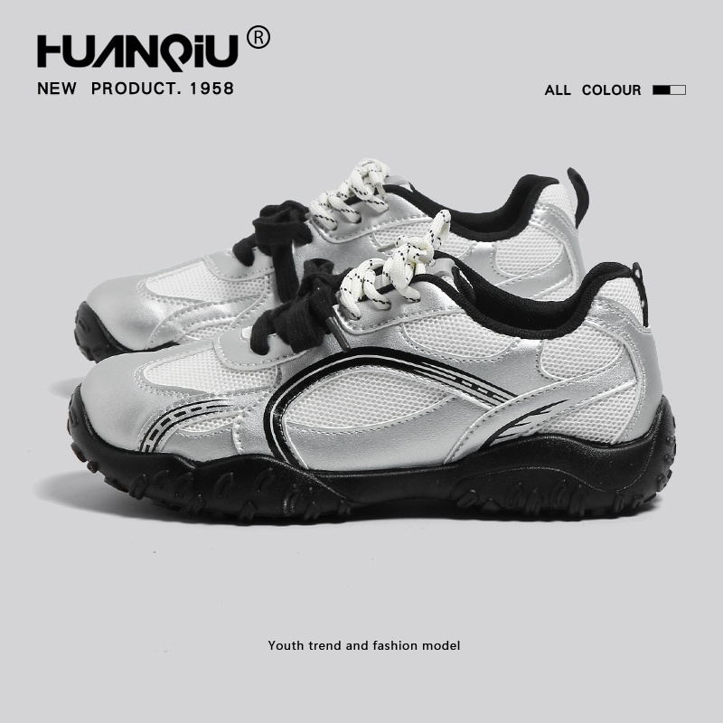 环球芭蕾德训鞋女2025新款秋季休闲运动户外登山鞋双鞋带银色女鞋