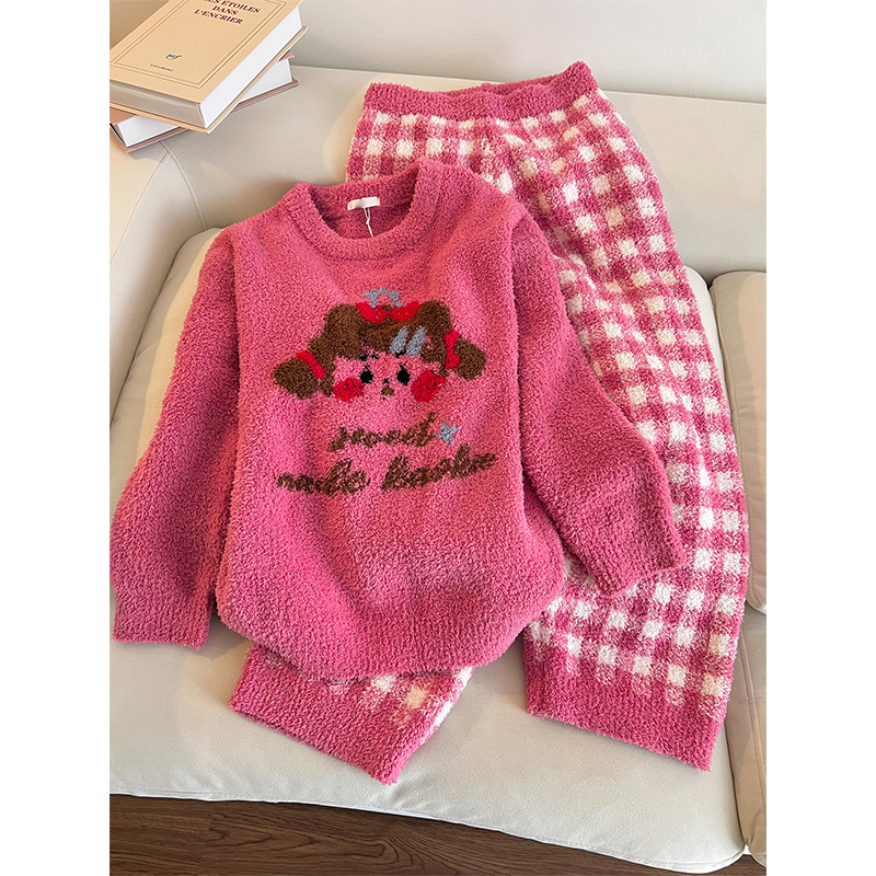卡通可爱印花少女圆领半边绒睡衣女秋冬季新款家居服加厚套装外出