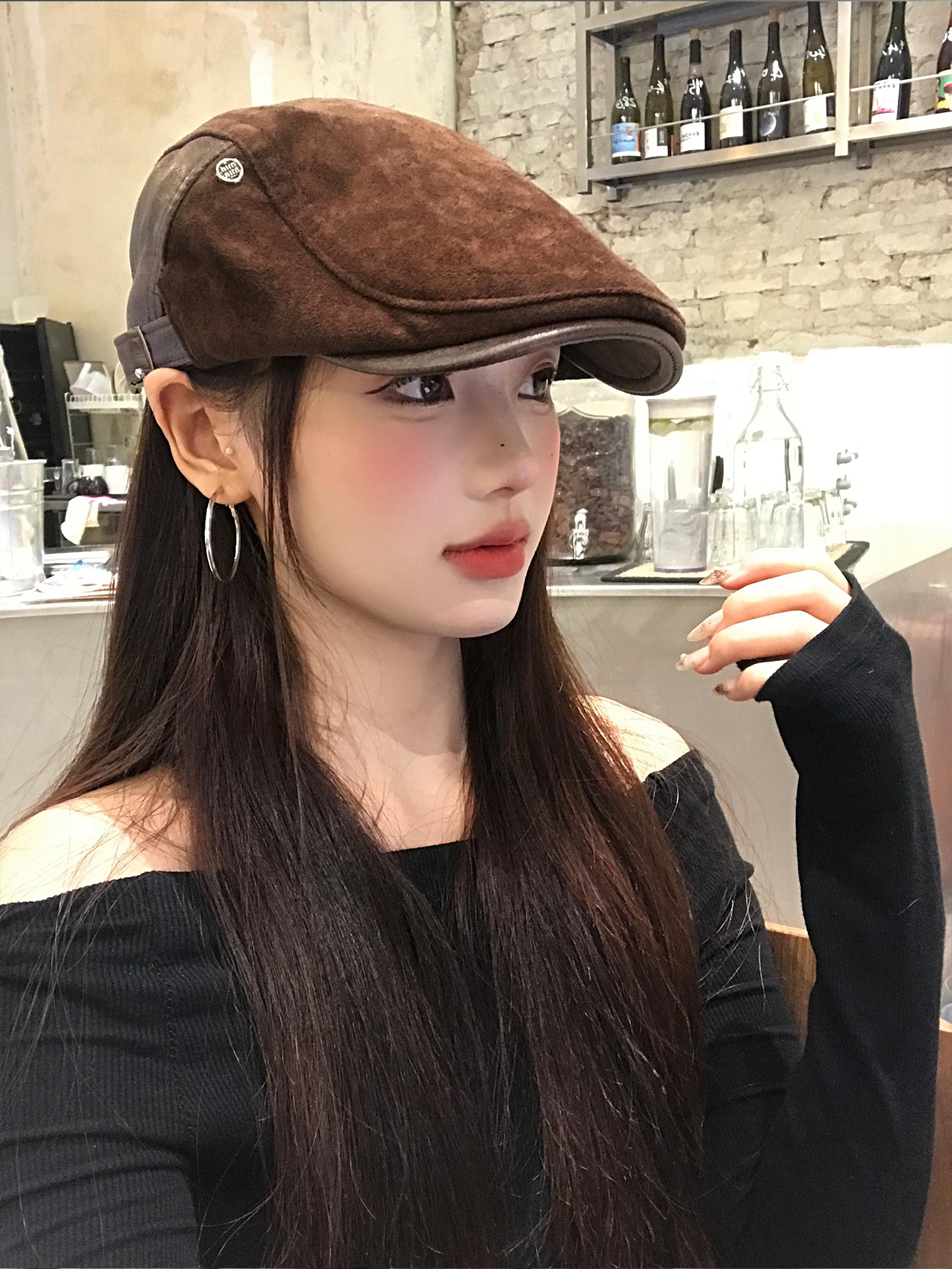 复古美式麂皮绒咖色前进帽女秋冬显脸小反戴贝雷帽大头围画家帽子