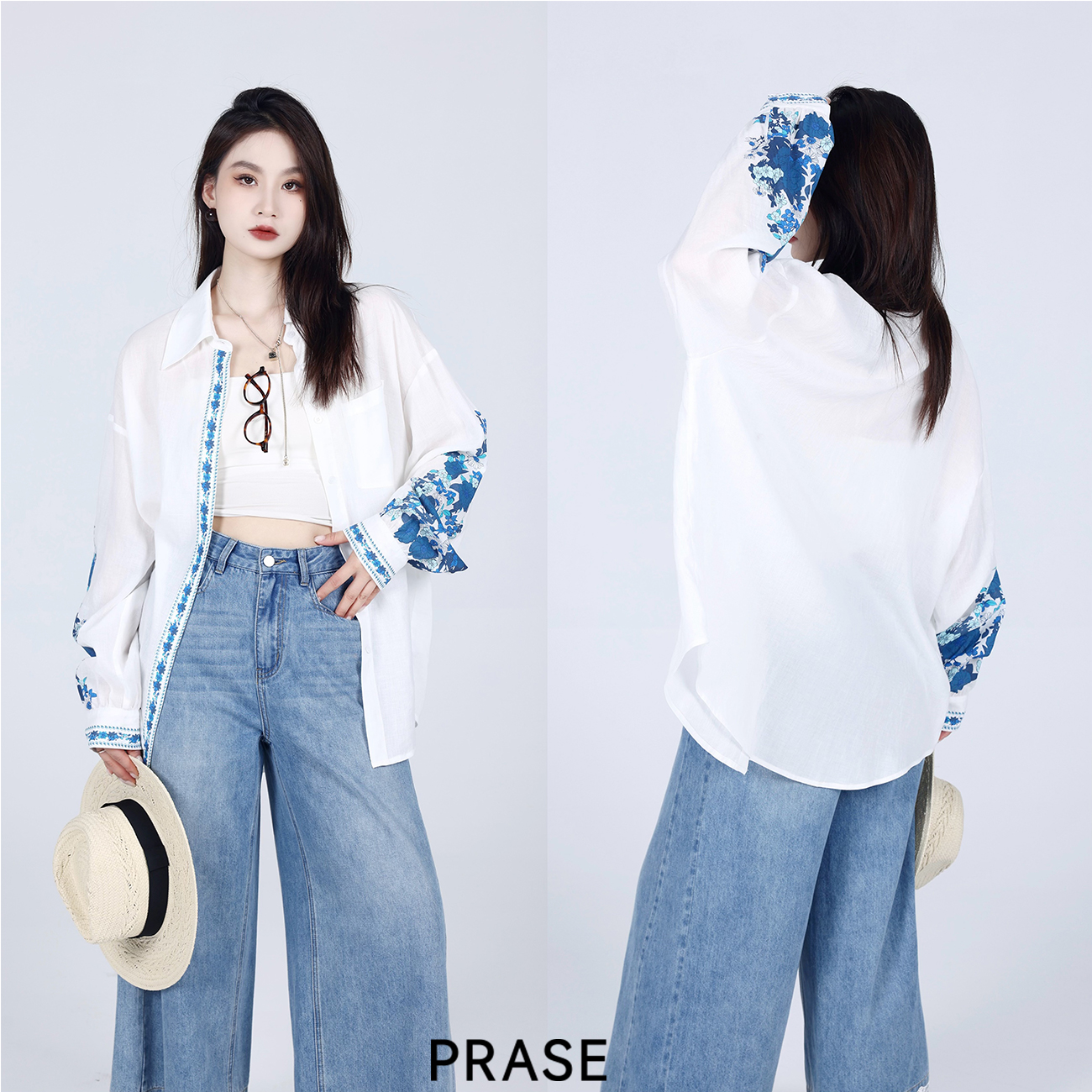 PRASE·噜【青花瓷】微胖轻奢设计款夏天丝亚麻气质印花衬衫PR505B72