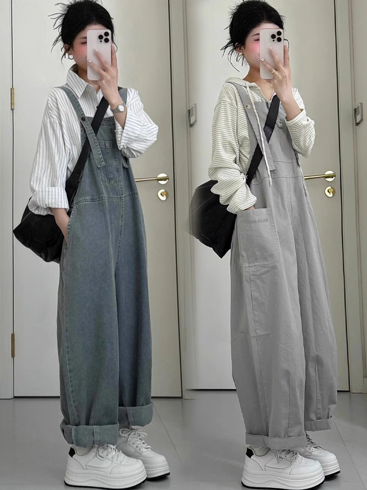 2025秋季新款韩系学院风套装条纹衬衫上衣高腰背带阔腿裤两件套女