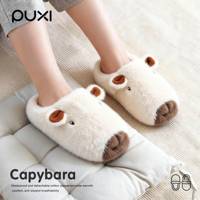 朴西卡通卡皮巴拉毛绒棉拖鞋女秋冬季室内防滑保暖加绒加厚月子鞋