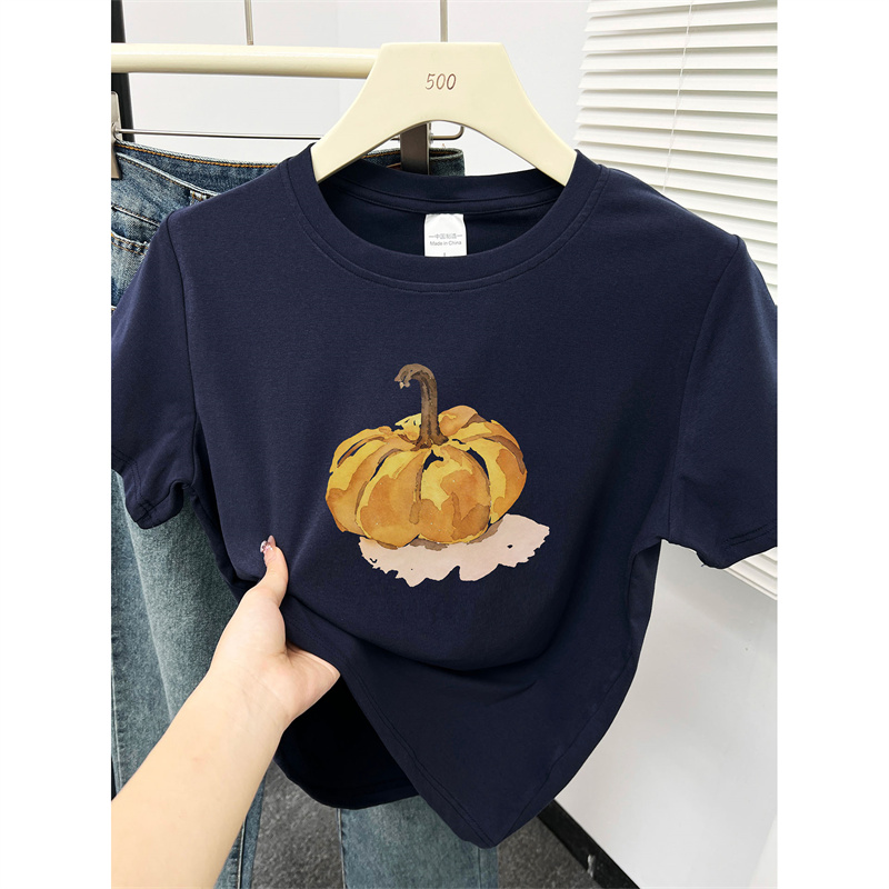 正肩显瘦短袖t恤女夏季2025新款南瓜印花胖mm大码遮肉圆领上衣潮