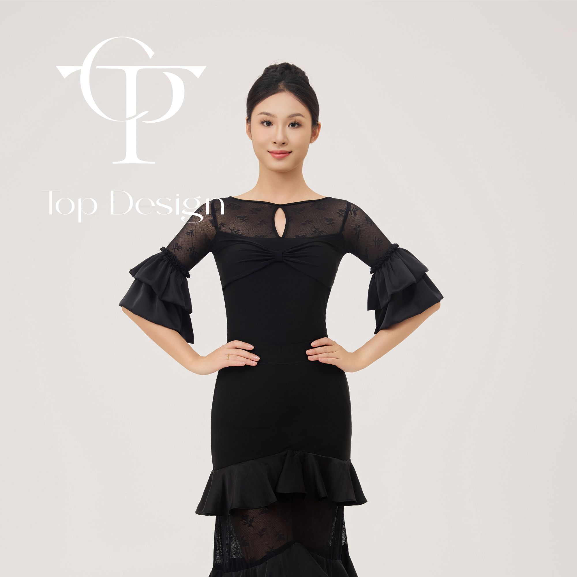 TOP Design【柔珠小姐】摩登舞服蕾丝圆领短袖连体上衣