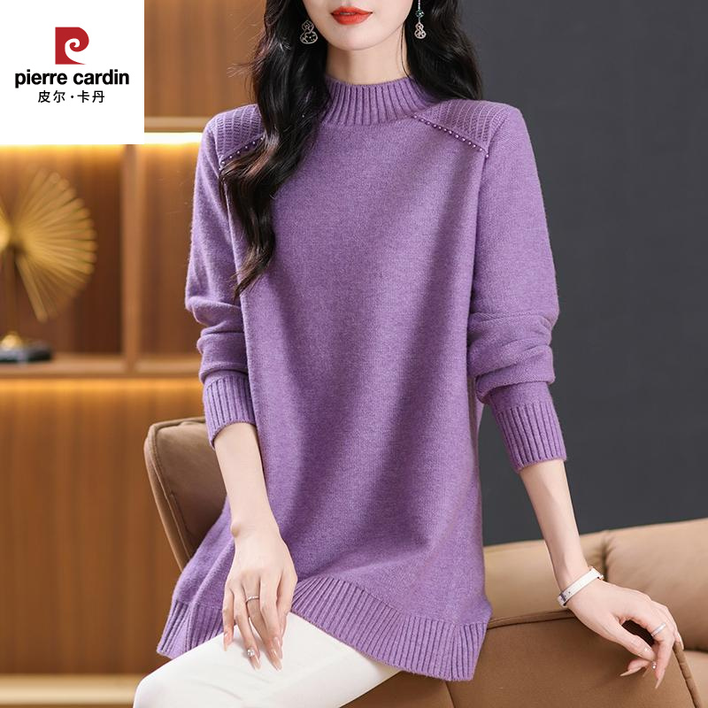 皮尔卡丹秋冬季半高领高档羊绒衫女胖mm宽松中长款加厚年轻妈妈毛