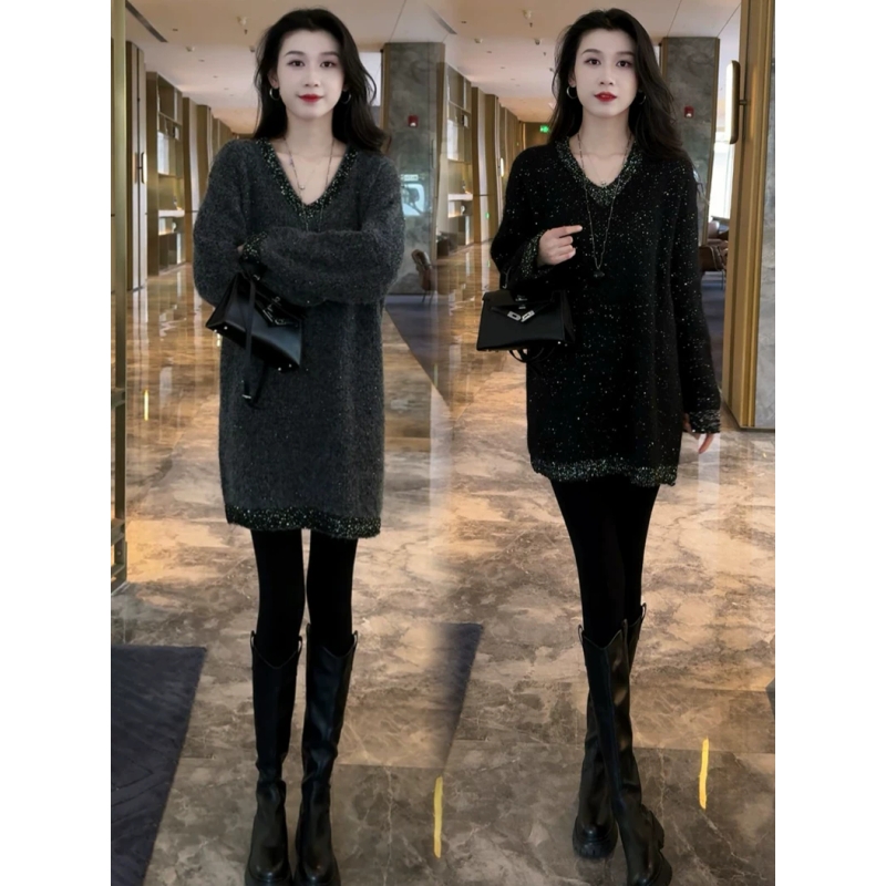 时髦重工细闪针织衫女秋冬新款软糯加厚保暖亮片毛衣宽松显瘦上衣