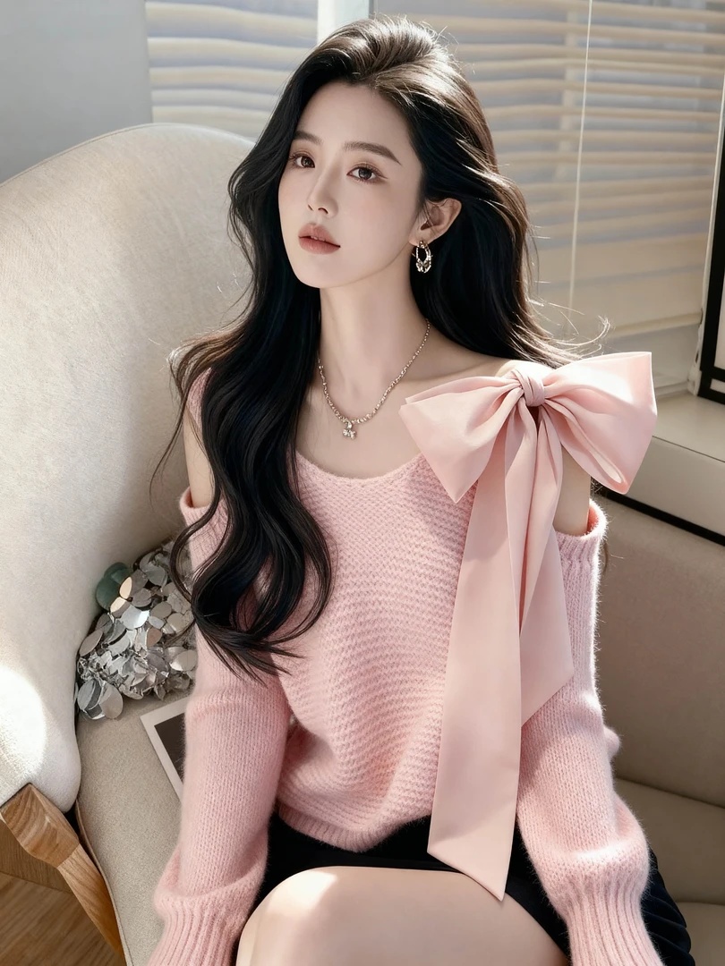 法式独特漂亮小衫蝴蝶结毛针织衫2025秋冬新款温柔风露肩洋气毛衣