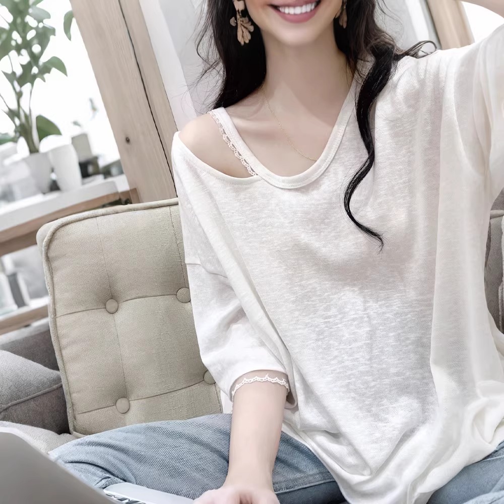 雪花棉露肩花边白色短袖T恤女夏季韩版宽松休闲慵懒风透气上衣女