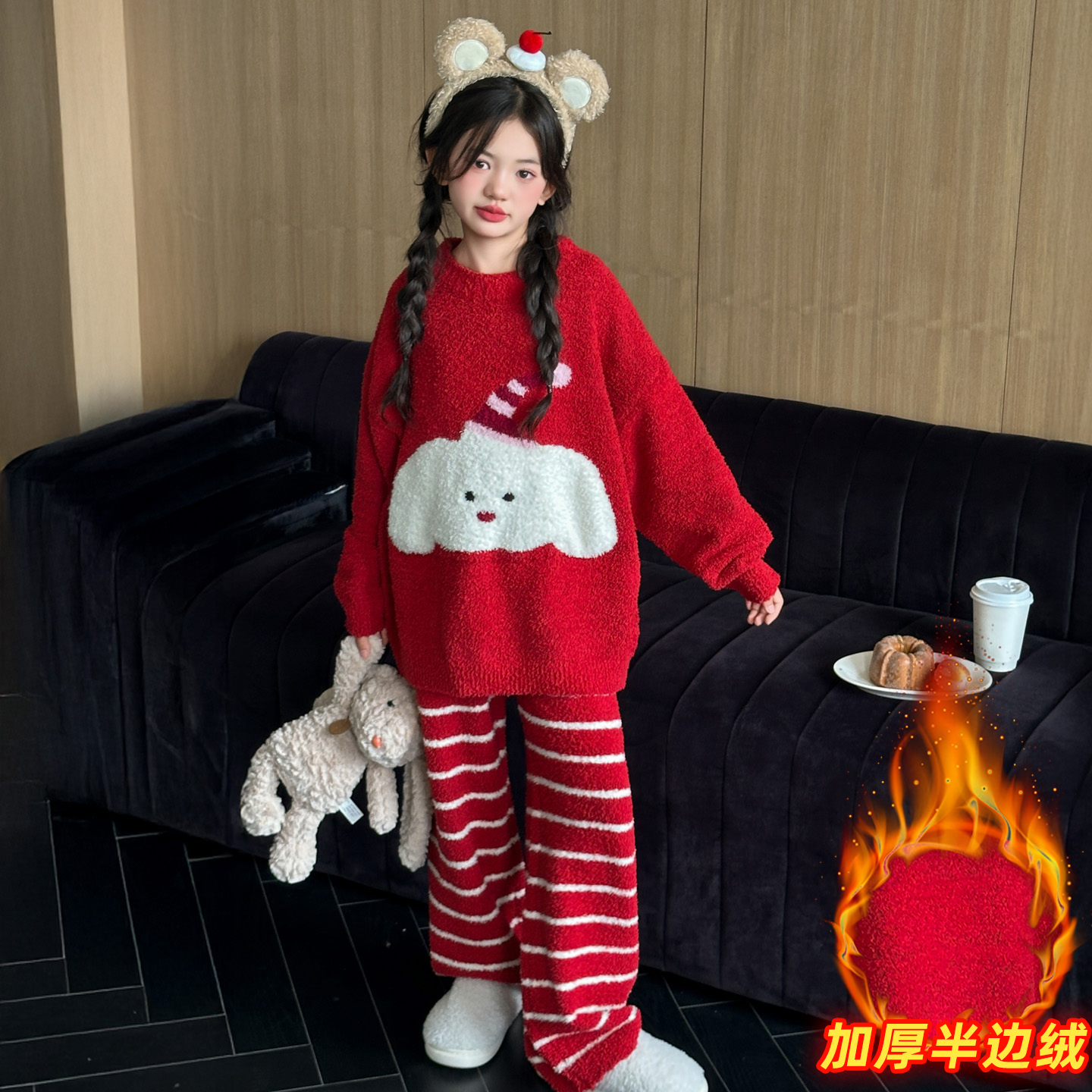 女童半边绒睡衣冬2025新款儿童女孩珊瑚绒套装女大童公主风家居服