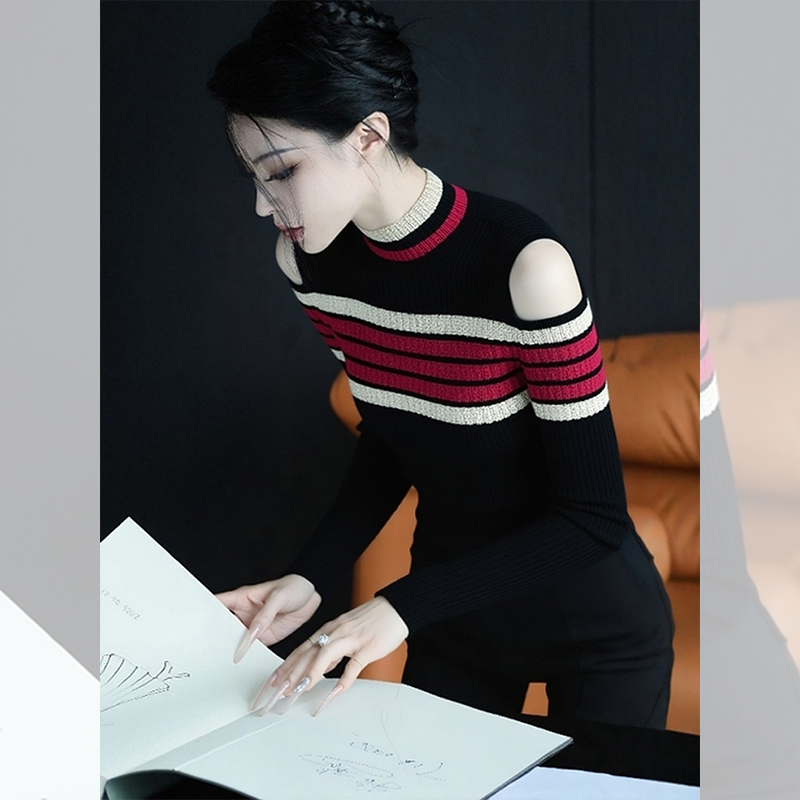 独特漂亮内搭条纹小衫女韩系秋冬装打底针织衫洋气高贵露肩上衣服