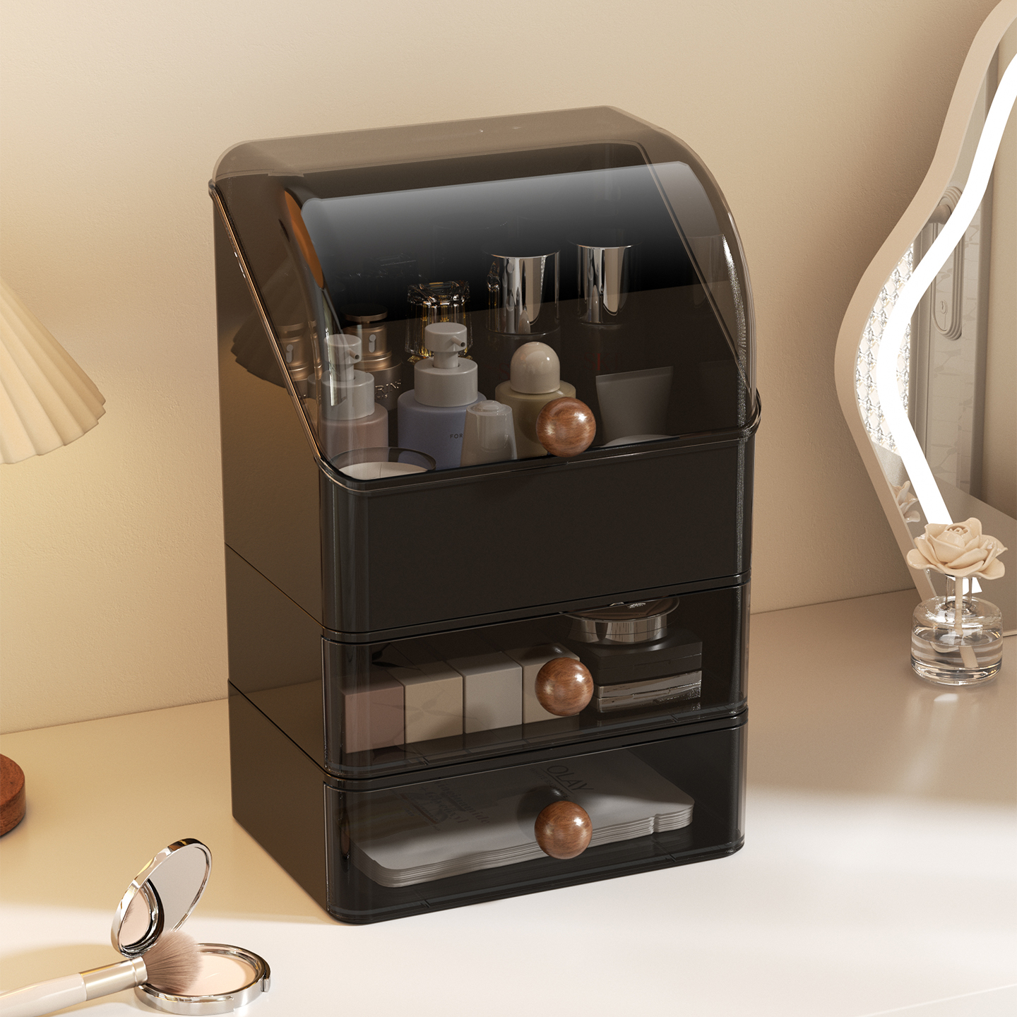 防尘化妆品收纳盒分区储物盒子家用桌面护肤品洗漱用品多层化妆箱