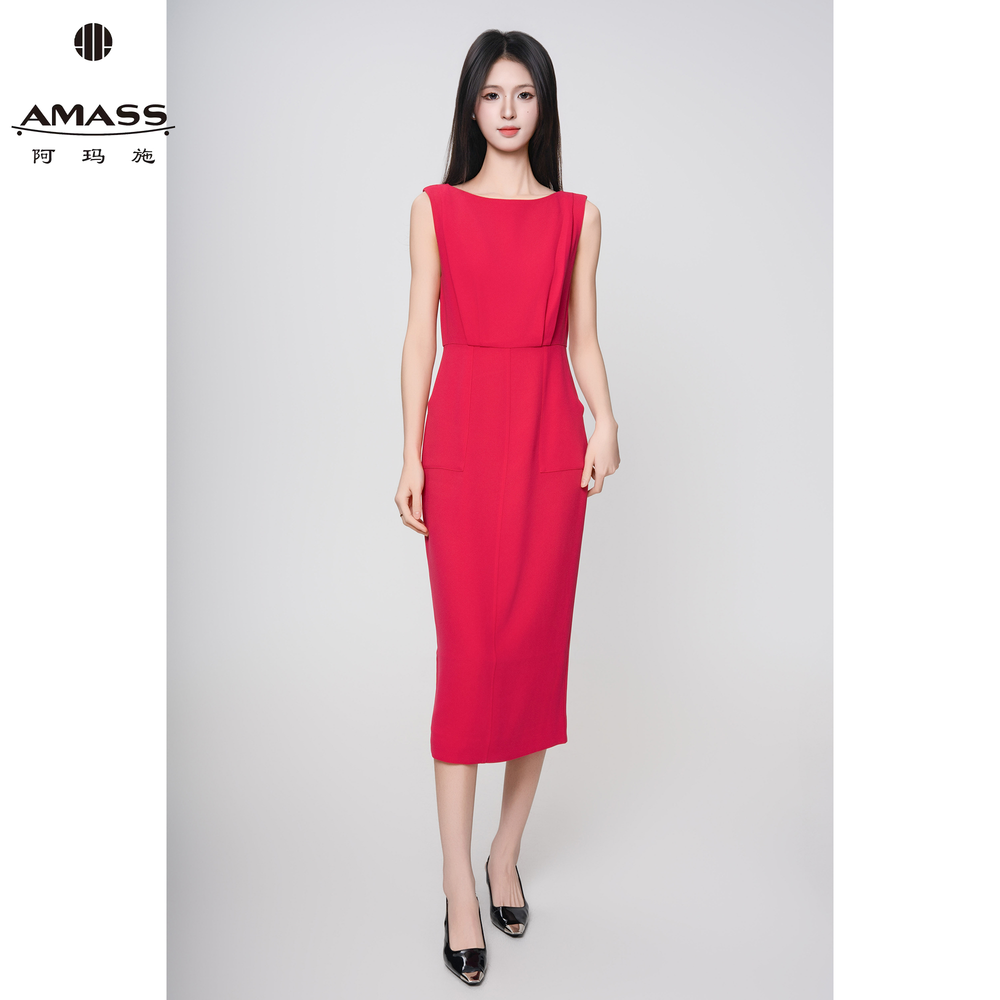AMASS/阿玛施纯色经典优雅无袖收腰中长款高级感连衣裙女 5500508