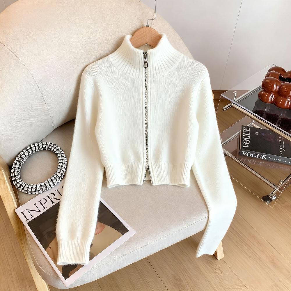 2025新款秋季穿搭立领长袖针织衫女慵懒风时尚拉链开衫上衣外套女